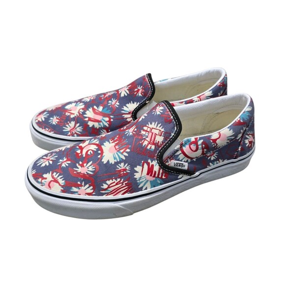 Vans Classic Slip on Shoes Womens Size 10 Crew Graffiti Floral Red Blue Canvas - Picture 5 of 11